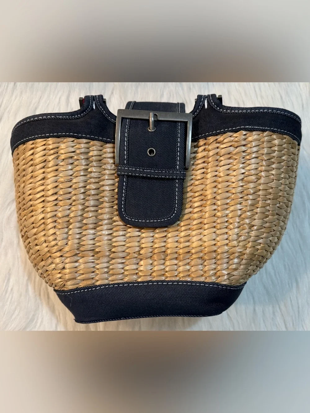 Bath & Body Works Denim & Raffia Small Satchel Tote Buckle Blue Natural GUC